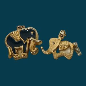 Vintage Elephant Charm Pendant Lot Gold Tone Blue Enamel Rhinestone Jewelry Set